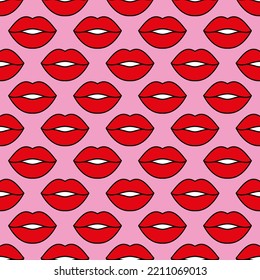 Colorful female lips. Seamless vector pattern. Red lips with a black outline on a pink background. Fashion pop art background. For modern original designs, prints, textiles, fabrics, wallpapers, etc.