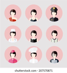 Colorful Female profession App Icons Set in Trendy Flat Style