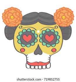 Colorful female sugar skull head in Mexican Day of the Dead style, vector drawing isolated on white background