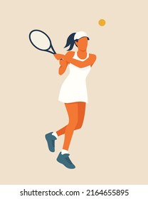 Colorful female tennis player illustration. Flat style digital design element. Simple vector illustration with woman playing tennis in white clothes