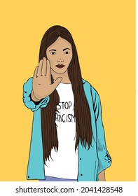 Colorful female vector portrait of strong Asian woman Stop Racism on yellow background.