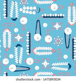 Colorful femenine of Hairpin hair accessories white pearl and pink gold metal seamless pattern in vector design. For fashion ,fabric,web,wrapping, and all prints on bright sky blue background color