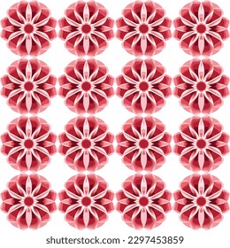 Colorful and feminine red and white floral seamless pattern with origami roses, sakura, and chrysanthemums, perfect for designer curtains or tablecloths.