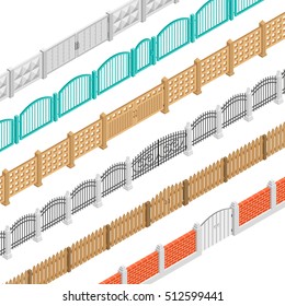 Colorful fences with gate isometric elements set in brick concrete wooden picket performance isolated vector illustration