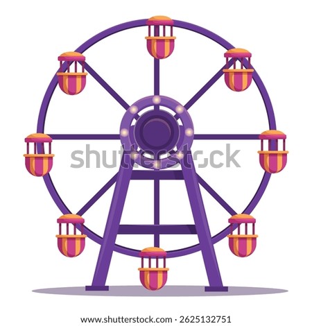 Colorful ferris wheel with purple spokes and yellow cabins is standing still, waiting for passengers