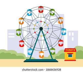 Colorful ferris wheel and ticket office in the city park. Vector icon illustration.