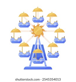 Colorful Ferris wheel with umbrellas and sun in a playful design. Vector illustration