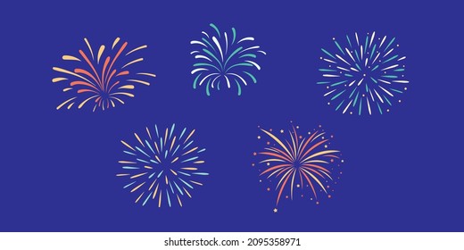Colorful festival exploding fireworks on dark blue background. Festive show in night sky. Flashes of celebratory salutes. Holiday celebration scene. Colorful flat vector illustration.