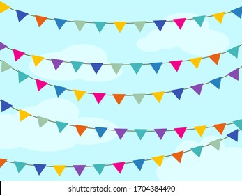 colorful festival flag on blue with white clouds background frame for celebrating vacation, holiday, festival day, party occasion etc. vector design.