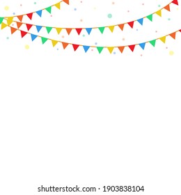 Colorful festival flags, garland, and confetti pattern on white background. Multi-colored bunting design elements for decoration of greeting card, party invitation, and Festa Junina brazil.