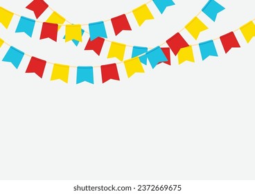 Colorful festival flags hanging on white background with copy space, vector element, template illustration for backdrop, flyer, poster, web banner, invitation.
