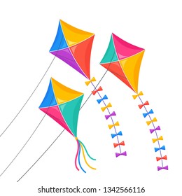 Colorful festival kite fly in sky isolated on white background. Summer, spring holiday, toy for child. Vector flat design	