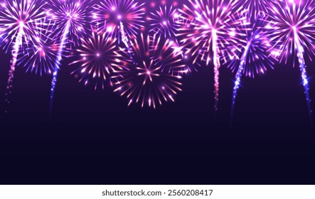 Colorful festival pyrotechnics fireworks on dark background, carnival festive decoration, vector illustration