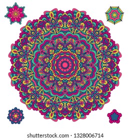 Colorful Festival round ethnic mandala, vector illustration on white background. Set of ornamental design elements