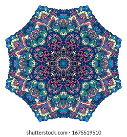 Colorful Festival round ethnic mandala, vector illustration on white background. Frame border decorative rosette. Plate decor