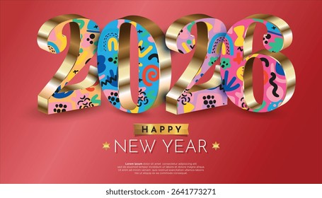 Colorful and festive 2026 New Year greeting with golden 3D numbers and abstract playful patterns on a red background. Perfect for seasonal designs and celebration themes.