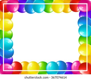 Colorful festive background with frame of bright colored balloons isolated on white