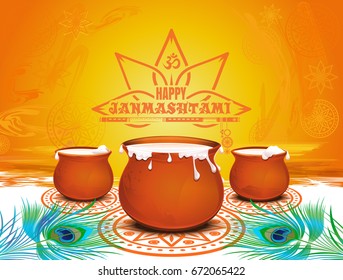 Colorful festive background for Krishna Janmashtami. Happy Janmashtami. Traditional festive symbols of the Hindu festival. Pots of yoghurt, peacock feathers and bansuri. Vector illustration