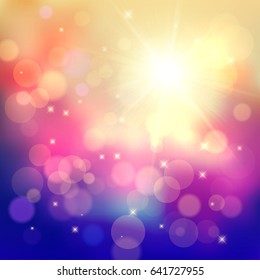 Colorful festive background with lots of light particles, bubbles, rays