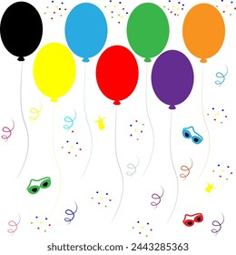 Colorful festive balloons, carnival masks, tinsel. The concept of celebration