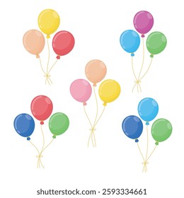 Colorful festive balloons set, vector illustration. Party celebration concept, bright helium balloons in red, blue, yellow, green, and pink.
