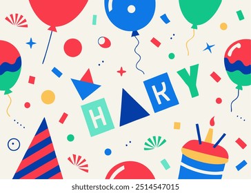 A colorful and festive birthday celebration pattern, featuring balloons, confetti, and party hats. Perfect for invitations, cards, or any project that needs a cheerful touch.