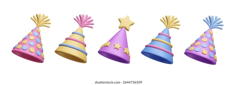 Colorful festive birthday hats 3D style vector icon set. Surprise birthday party decor, happy anniversary celebration, festival carnival hats. Striped, dotted, star cone birthday caps 3D icon set.