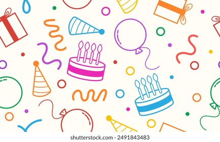 Colorful and festive birthday party theme background with various elements that are commonly associated with such celebrations.