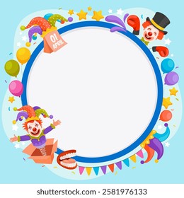 A colorful, festive border featuring clowns, balloons, and party decorations, perfect for an April Fool's Day theme.