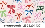 Colorful festive bow pattern featuring playful hand drawn bows in pink, red, green, blue and light blue with stripes, checks and polka dot textures on a soft pink background. A cheerful confetti-like design for baby showers, girls