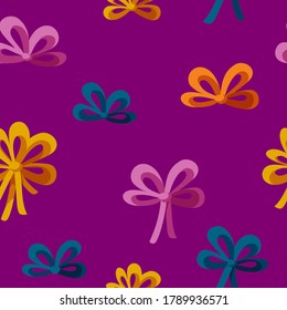 Colorful festive bows in seamless pattern. Pattern for wraping paper, backgrounds, wallpapers, textile and fabric. Flat vector illustration in purple background