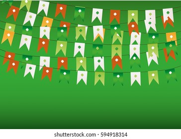 Colorful festive bunting with clover. Irish holiday - Happy St. Patrick's Day with a garland of flags. Greeting card, poster, banner. Vector illustration on green background
