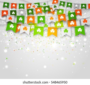 Colorful festive bunting with clover on light background. Irish holiday - happy Saint Patrick's Day backdrop with garland flags. Vector illustration for greeting card, poster, banner