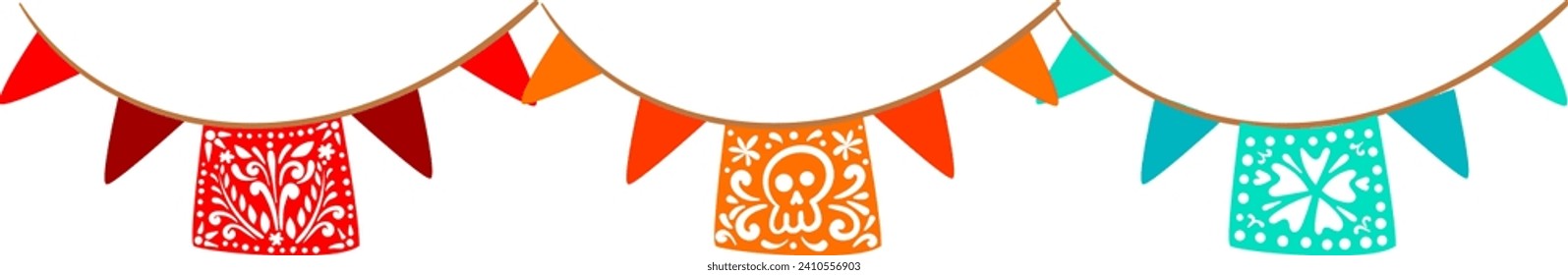 Colorful festive bunting flags with patterns. Party decoration and celebration concept banner vector illustration.