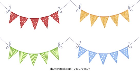 Colorful festive bunting flags with polka dots and patterns. Celebration garland decoration vector illustration. Party decor, joyful event banner design, festive atmosphere vector illustration.