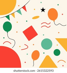 Colorful Festive Celebration Abstract Background. Playful abstract background with balloons, confetti, and geometric shapes for party and celebration themes.