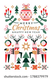 Colorful festive Christmas Greeting Card design with central text surrounded by ornaments, holly and reindeer, colored vector illustration