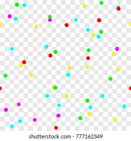 Colorful festive confetti on transparent seamless background. Vector holiday illustration
