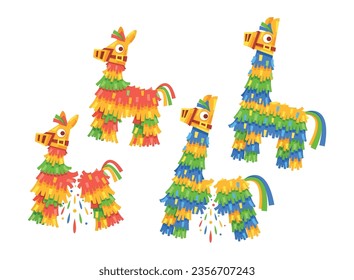 Colorful, Festive Donkey And Llama Pinatas, Traditional Party Decorations With Candy And Treats Vector Illustration