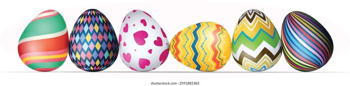 Colorful Festive Easter Eggs Assortment with Various Patterns in Row. Isolated Painted Eggs Detailed Vector Art 