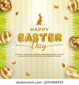 Colorful and festive Easter greeting design with golden Easter eggs, a bunny silhouette, butterflies, and lush green grass, perfect for holiday cards, seasonal decorations, and cheerful celebrations.