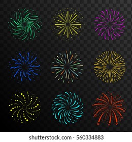 Colorful festive firework balls, sparklers, salute and petards explosions collection, design elements isolated on transparent background