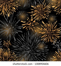 Colorful  festive fireworks seamless pattern design. Seamless background with abstract spots. Gold metal stars on black background.A new texture for your design,wrapping paper, wallpaper, fabric. 