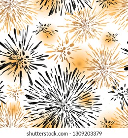 Colorful  festive fireworks seamless pattern design. Seamless background with abstract spots. Gold metal stars on white background.A new texture for your design,wrapping paper, wallpaper, fabric.