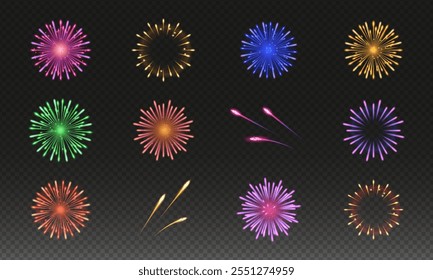 Conjunto de fogos de artifício festivos coloridos. Ilustração isolada de vetor no plano de fundo transparente.