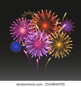 Colorful festive fireworks set. Isolated vector  illustration on transparent background.