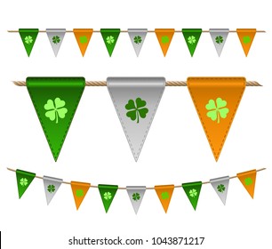 Colorful festive flags with clovers for Irish holiday, celebration party. Vector illustration for greeting card, poster, banner