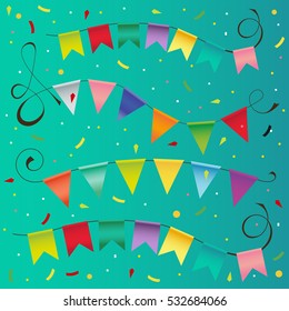 colorful festive flags on the background of confetti