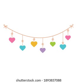 colorful festive garland on ropes with colorful hearts, color vector isolated illustration on white background, decor, design, banner design, greeting cards