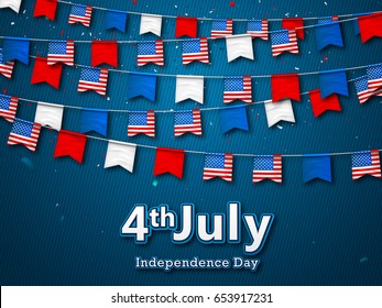 Colorful festive garlands of flags, bunting of USA pennant. Vector banner 4th of July, American Independence Day. Patriotic symbolic decoration for holiday in America with confetti on blue background